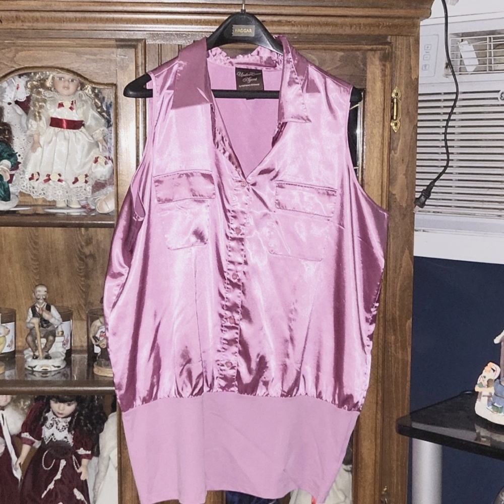 Sleeveless rose colored silk appearing shirt with elastic wasteband